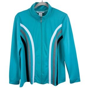 Masseys Womens Teal Full Zip Athletic Track Jacket Mock Neck Striped Size L